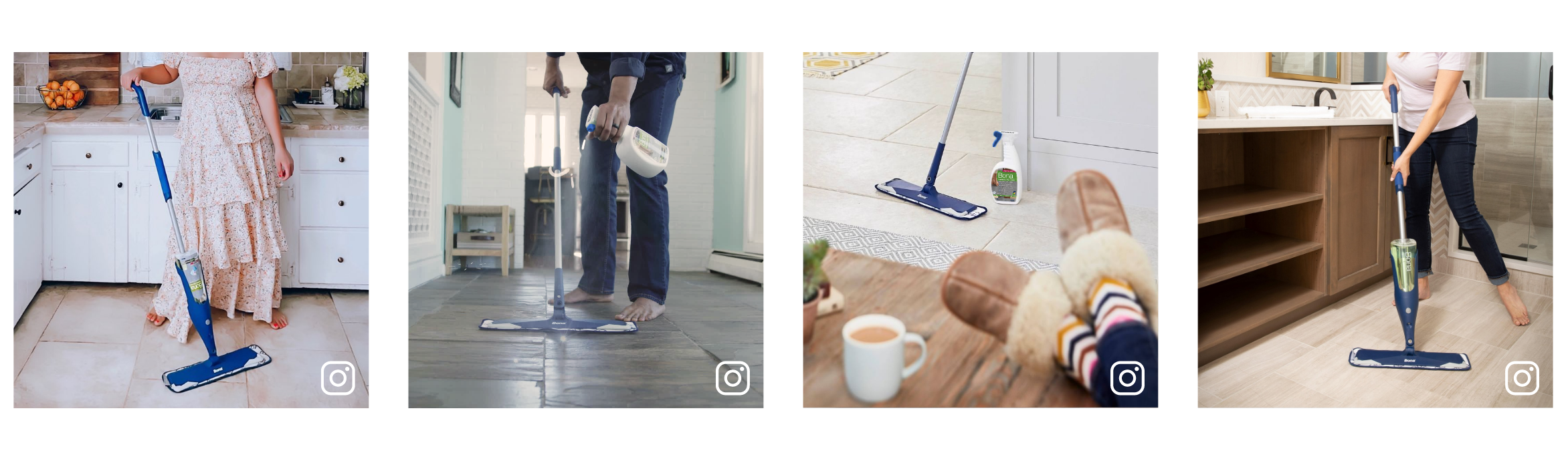 Four images showing blue Bona mops in action in a kitchen, hallway, bathroom, and laundry room.