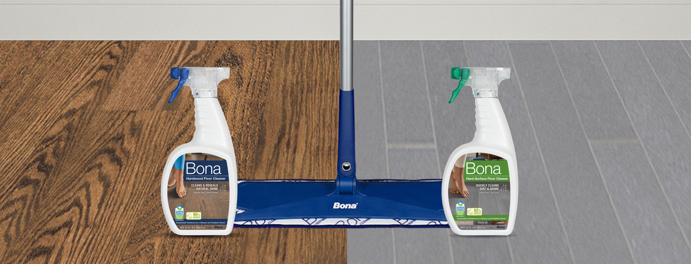 A Bona Microfiber Mop is at center. At left is Bona Hardwood Floor Cleaner and at right is Bona Hard-Surface Floor Cleaner.