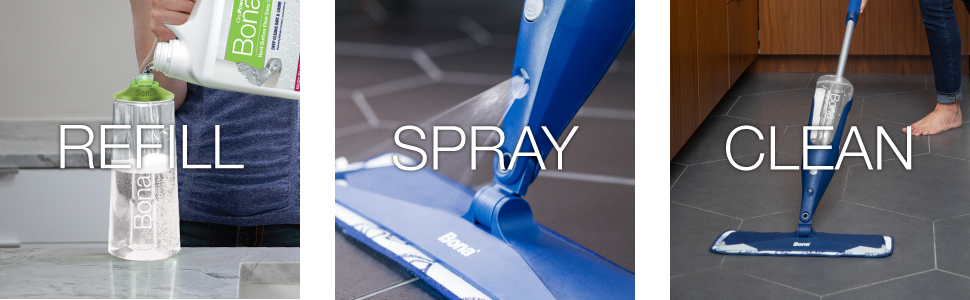 Image of refilling the spray mop bottle; Image of spraying the Bona Spray Mop on a tile floor; Image of cleaning the tile floor with a Bona Spray Mop