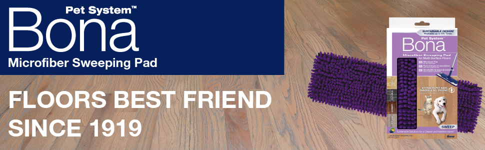 Bona Pet System Microfiber Sweeping Pad. Floor's best friend since 1919. Image of cat and dog on wood floor
