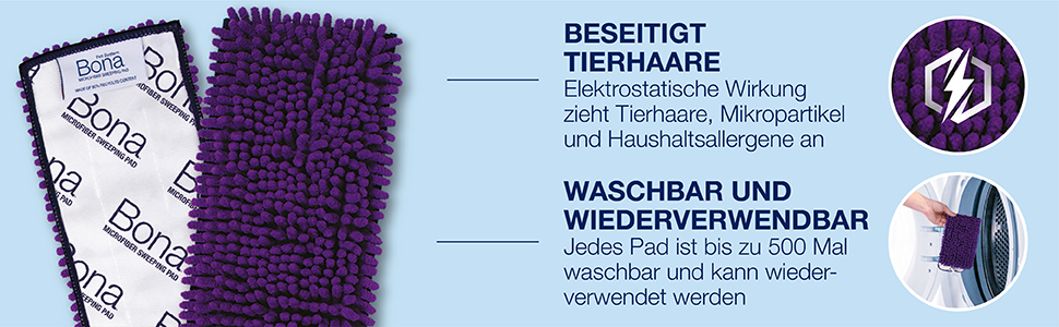 Abbildung Bona Pet System Mikrofaser Wischpad. Beseitigt Tierhaare, Mikropartikel und Haushaltsallergene mit elektrostatischer Wirkung. Bis zu 500 Mal waschbares und wiederverwendbares Pad.