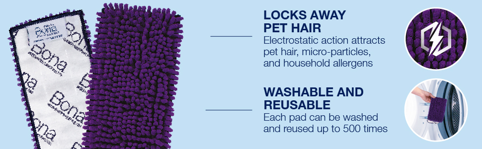 Image of Bona Pet System Microfiber Sweeping Pad. Locks away pet hair, micro-paticles and household allergans with electrostatic action. Pad washable and reusble 500 times.