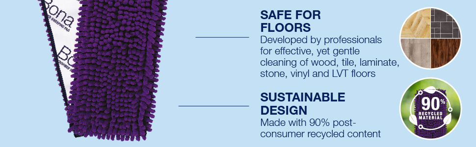 Image of Bona Pet System Microfiber Sweeping Pad. developed by professional to be safe for wood, tile, lvt, and laminate floors. Sustainable design made with 90% post-consumer recycled content