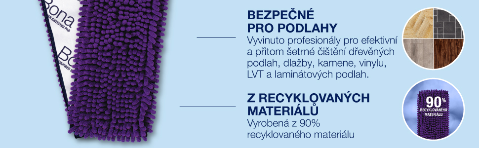 Image of Bona Pet System Microfiber Sweeping Pad. developed by professional to be safe for wood, tile, lvt, and laminate floors.  Sustainable design made with 90% post-consumer recycled content