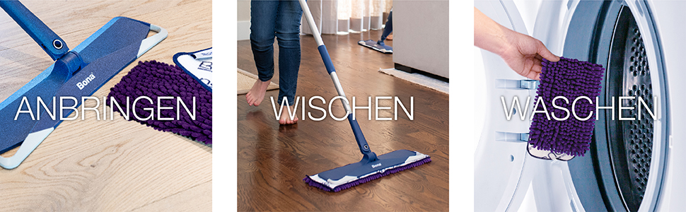 Abbildung Bona Pet System Mikrofaser Wischpad, welches an einem Bona Mikrofaser Wischmopp befestigt wird. Abbildung Bona Mikrofaser Mopp zur Reinigung des Holzbodens von Schmutz und Haustierverschmutzungen. Abbildung Bona Pet System Mikrofaser Wischpad, welches in die Waschmaschine getan wird, da es 500 Mal wiederverwendbar ist.