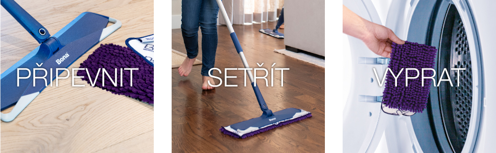 Image of Bona Pet System Microfiber Sweeping Pad being attached to a Bona Microfiber Mop.  Image of Bona Microfiber Mop sweeping dust and debris from a wood floor. Image of Bona Pet System Microfiber Sweeping Pad being tossed in the washing machine as it is reusable 500 times