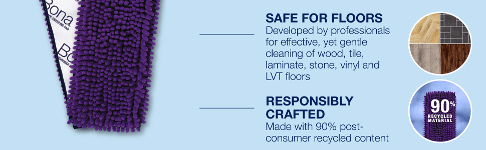 Image of Bona Pet System Microfiber Sweeping Pad. developed by professional to be safe for wood, tile, lvt, and laminate floors. Sustainable design made with 90% post-consumer recycled content