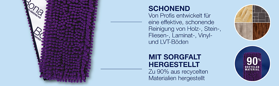 Abbildung Bona Pet System Mikrofaser Wischpad. Von Profis entwickelt, um sicher für Holz-, Fliesen-, LVT- und Laminatböden zu sein. Nachhaltiges Design zu 90% aus post-consumer recycelten Materialien hergestellt