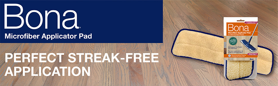 Image of Bona Microfiber Applicator Pad on a wood floor; Perfect Streak Free Application
