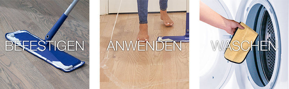 Abbildung wie das Mikrofaser Pad am Mop befestigt wird; Abbildung wie der Boden mit Bona Mikrofaser Mop poliert wird; Abbildung wie das Pad in die Waschmaschine gelegt wird