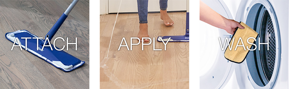 Image of attaching the microfibre pad to the mop; Image of polishing the floor with a Bona Microfiber Mop; Image of putting the pad in the wash