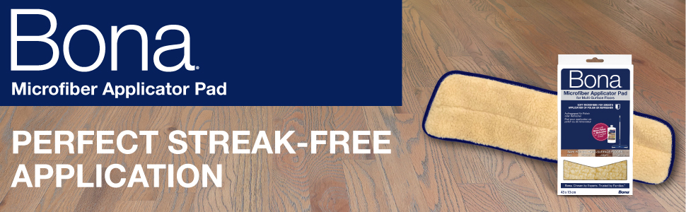Image of Bona Microfiber Applicator Pad on a wood floor; Perfect Streak Free Application