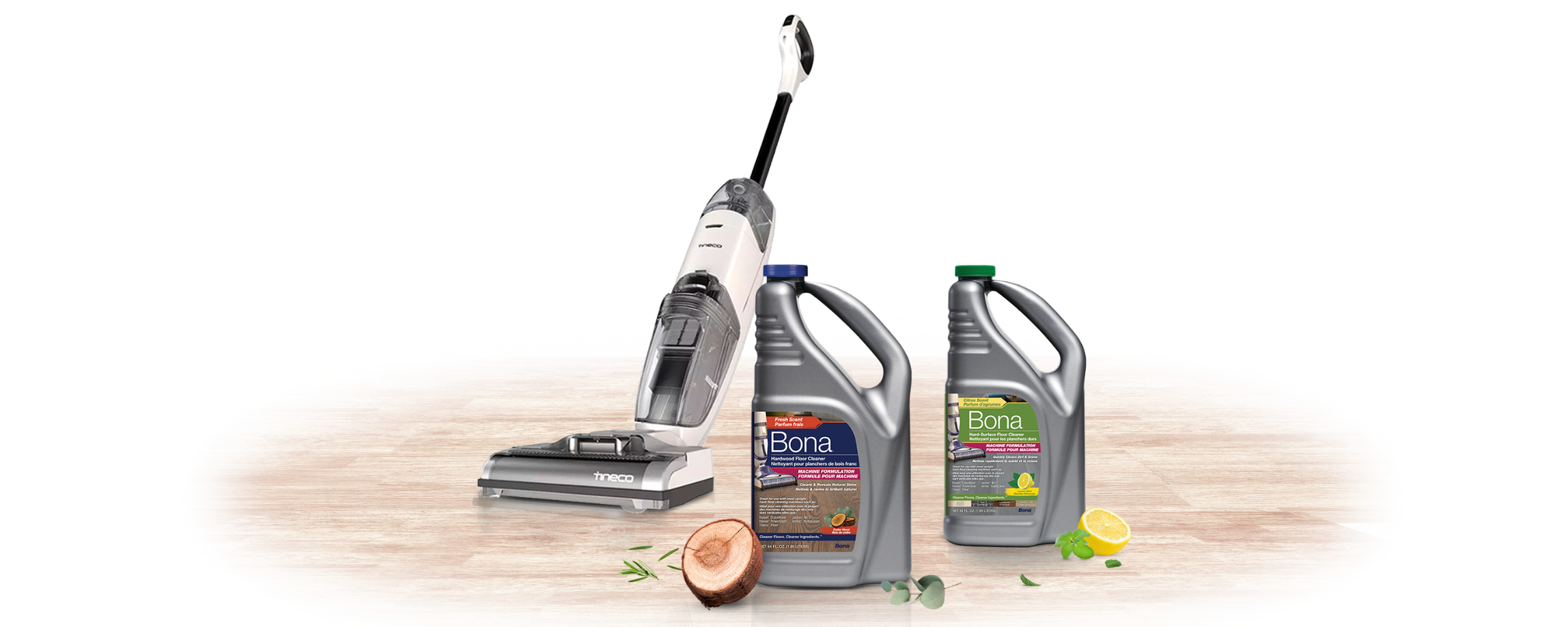 Bona for machines Hardwood Floor Cleaner Cedar Wood and Hard-Surface Floor Cleaner Lemon Mint with an upright floor cleaner.