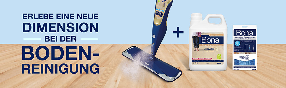 Abbildung des kompletten Bona-Bodenreinigungssystems für geölte Böden, das einen Spray Mop, eine Nachfüllkartusche und ein Mikrofaserpad umfasst