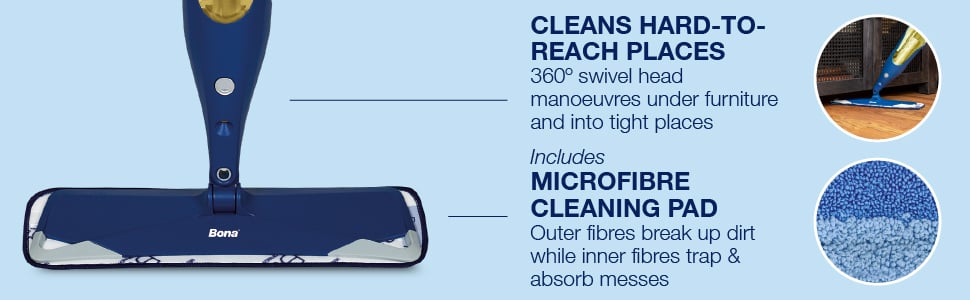The Bona Spray Mop CLEANS HARD TO REACH PLACES with its 360&ordm; swivel head that manoeuvres under furniture and into tight places; Includes the patented Bona MICROFIBRE CLEANING PAD that includes dual fibre design to break up dirt, while trapping & absorbing messes