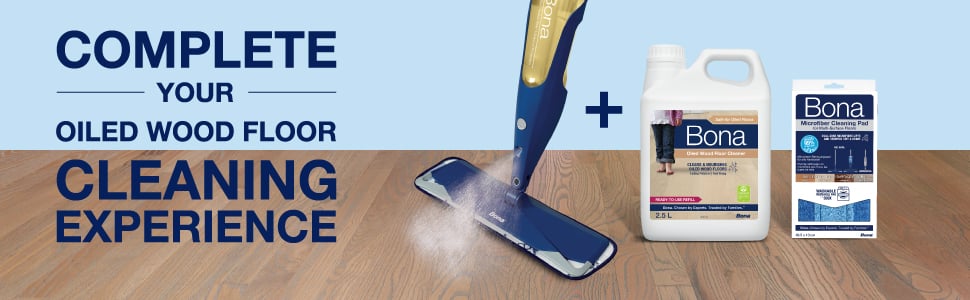 Image of Bona Spray Mop being sprayed on an oiled wood floors, cleaning the oiled wood floor and the spray mop bottle being refilled