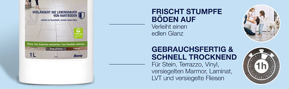 Erhellt matte Böden mit einem haltbaren Hochglanz; Gebrauchsfertig und schnell trocknend; Sicher für Hartböden