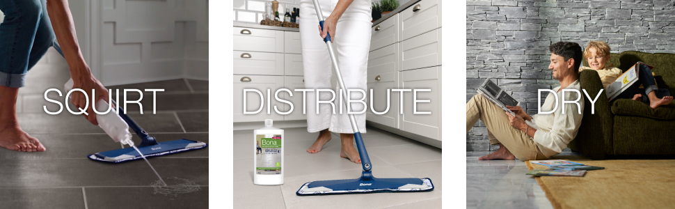 Image of squirting polish on a tile floor, image of distributing polish on a tile floor, image of dad and child relaxing and letting the tile floor dry for 1 hour