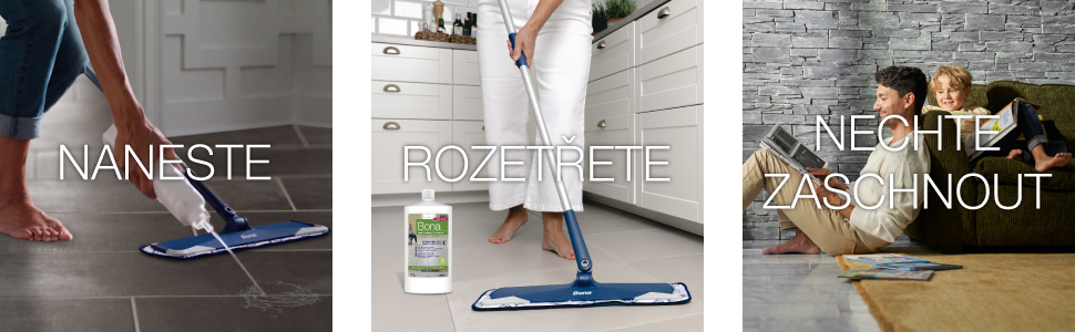 Image of squirting polish on a tile floor, image of distributing polish on a tile floor, image of dad and child relaxing and letting the tile floor dry for 1 hour