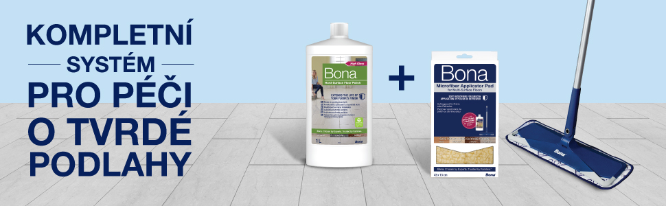 Complete your hard-surface floor care experience with Bona Hard-Surface Floor Polish, Bona Microfiber Applicator Pad and Bona Microfiber Mop 
