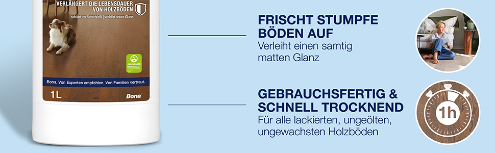 Belebt matte Böden mit einem haltbaren, niedrigen Glanz; Gebrauchsfertig und schnell trocknend; Sicher für Holzböden