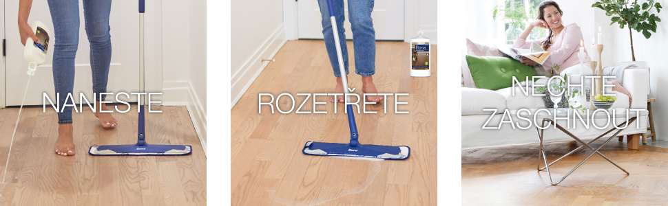 Image of squirting polish on wood floor, image of distributing polish on wood floor, image of women relaxing and letting wood floor dry for 1 hour