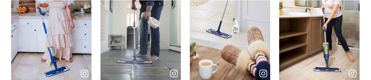 Four images showing blue Bona mops in action in a kitchen, hallway, bathroom, and laundry room.