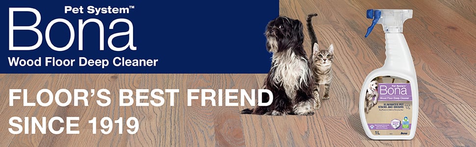 Bona Pet System Wood Floor Deep Cleaner. Floor's best friend since 1919. Image of cat and dog sitting on wood floor