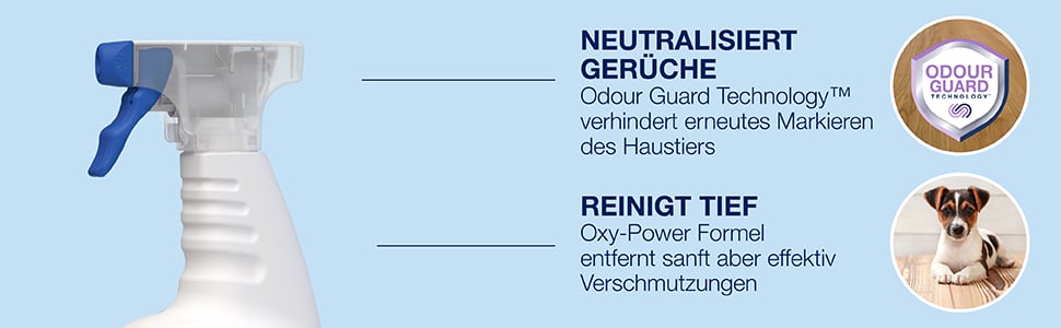 Abbildung von Bona Pet System Tiefenreiniger für Holzböden. Neutralisiert Gerüche mit Odour Guard Technology um erneutes Markieren des Haustieres zu verhindern. Tiefenreinigung mit Oxy Power Formel zur sanften Entfernung von hartnäckigen Flecken und Verschmutzungen von Hinterlassenschaften.