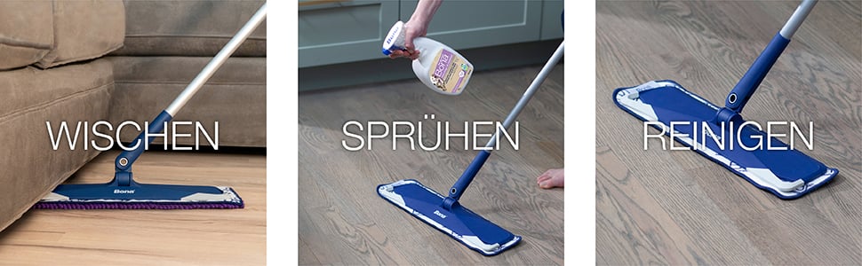 Abbildung Bona Mikrofaser Mopp, der Staub und Schmutz von einem Holzboden wischt. Abbildung Bona Pet System Tiefenreiniger f&uuml;r Holzb&ouml;den direkt auf den Holzboden spr&uuml;hen. Abbildung Bona Mikrofaser Mop zur Reinigung des Holzbodens von Schmutz und Haustierverschmutzungen.