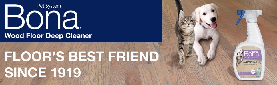 Bona Pet System Wood Floor Deep Cleaner. Floor's best friend since 1919. Image of cat and dog sitting on wood floor 