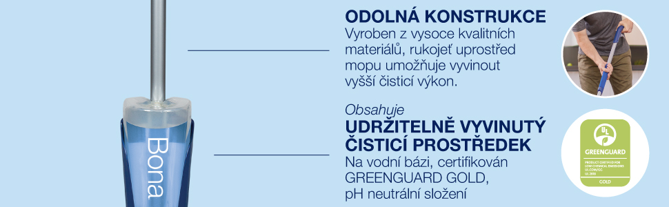 DURABLY DESIGNED spray mop made of high-quality materials with secondary grip for added power; Includes the Bona wood floor cleaner which is SUSTAINABLY DEVELOPED, Waterbased, GREENGUARD GOLD certified & pH neutral