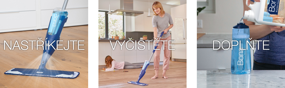 Image of Bona Spray Mop being sprayed on a wood floors, cleaning the wood floor and the spray mop bottle being refilled