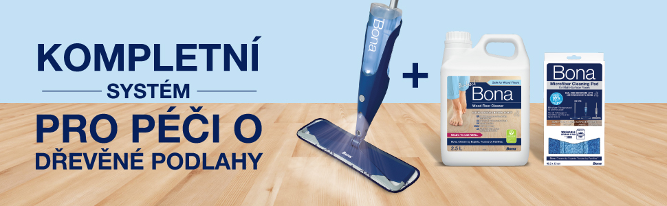 Image of the full Bona Wood Floor cleaning system which include a spray mop, refill solution and microfiber pad
