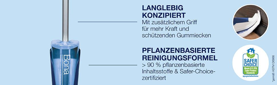 LANGLEBIG DESIGNED und hergestellt aus hochwertigen Materialien mit zweitem Griff für zusätzliche Leistung; Enthält Bona Holzboden-Reiniger, der nachhaltig entwickelt, wasserbasiert, GREENGUARD GOLD zertifiziert und pH-neutral ist