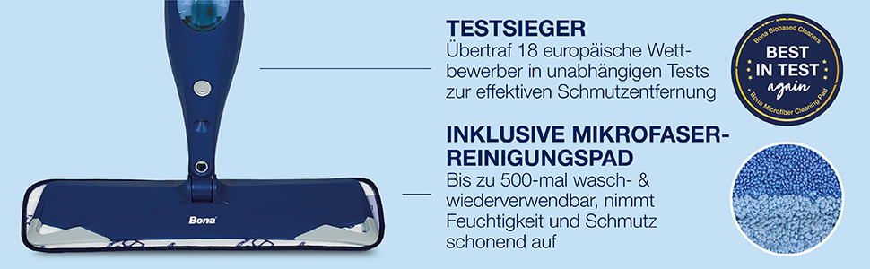 Der Bona Spray Mop REINIGT SCHWERT ZUGÄNGLICHE STELLEN mit seinem um 360º drehbaren Kopf, der sich unter Möbel und in enge Stellen bewegen kann; Enthält patentiertes MIKROFASER-REINIGUNGSPAD mit Zwei-Zonen-Reinigung zum Aufbrechen von Schmutz und zum Auffangen und Aufsaugen von Unreinheiten