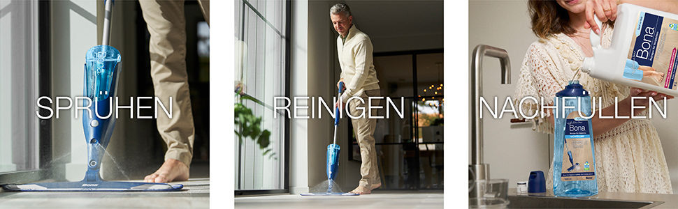 Abbildung des Bona Premium Spray Mop, der auf einen Holzboden sprüht, den Holzboden reinigt und eine Kartusche, die nachgefüllt wird