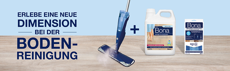 Abbildung des kompletten Bona-Holzbodenreinigungssystems, das einen Spray Mop, eine Nachfüllkartusche und ein Mikrofaserpad umfasst