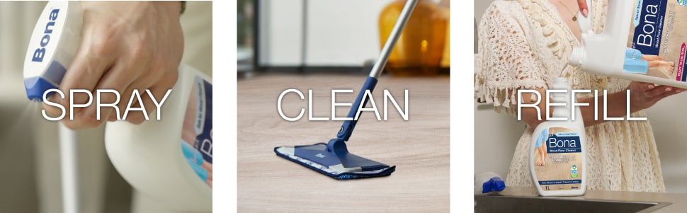Image of Bona Wood Floor Cleaner being sprayed on a wood floor, image of Bona Microfiber Mop cleaning a wood floor, image of Bona spray bottle being refilled