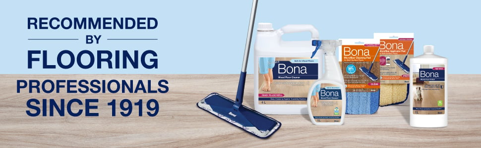Image of the full Bona Wood Floor cleaning system which include a trigger bottle, refill bottle plus a microfiber mop