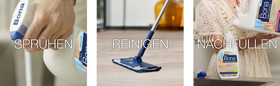Abbildung von Bona Holzboden-Reiniger, der auf einen Holzboden gesprüht wird, Abbildung von Bona Microfiber Mop, der einen Holzboden reinigt, Abbildung von Bona Sprühflasche, die nachgefüllt wird
