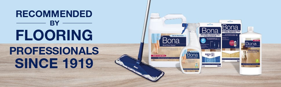 Image of the full Bona Wood Floor cleaning system which include a trigger bottle, refill bottle plus a microfiber mop