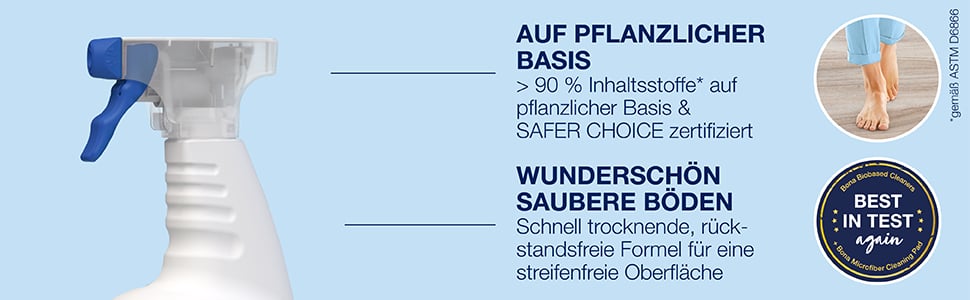 Bona Holzboden-Reiniger ist nachhaltig entwickelt, wasserbasiert, GREENGUARD GOLD zertifiziert und pH-neutral; Abbildung von Best-in-Test Logo für die schnell trocknende, rückstandsfreie Formel