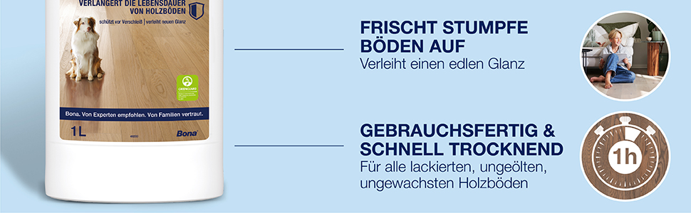 Hellt matte Böden mit einem langlebigen, niedrigen Glanz auf; Gebrauchsfertig und schnell trocknend; Sicher für Holzböden