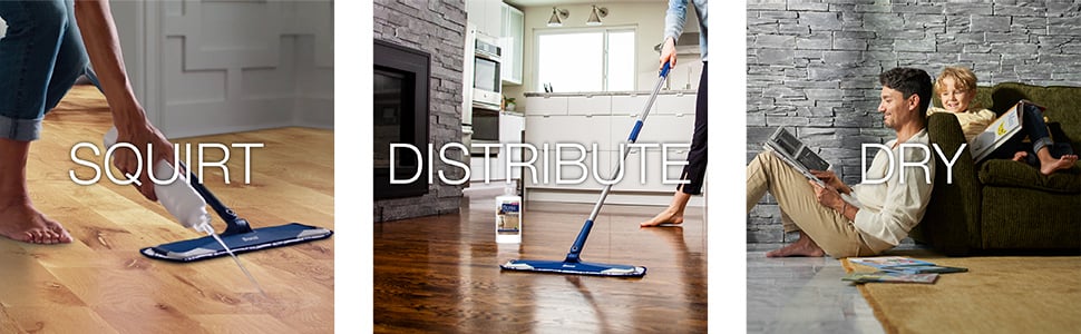Image of squirting polish on wood floor, image of distributing polish on wood floor, image of dad and child relaxing and letting wood floor dry for 1 hour