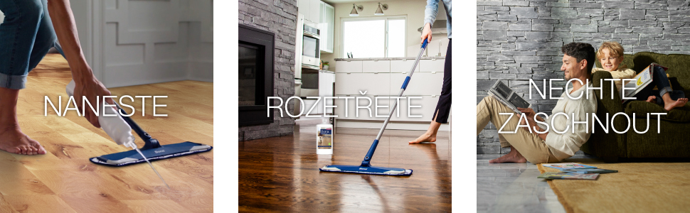 Image of squirting polish on wood floor, image of distributing polish on wood floor, image of dad and child relaxing and letting wood floor dry for 1 hour