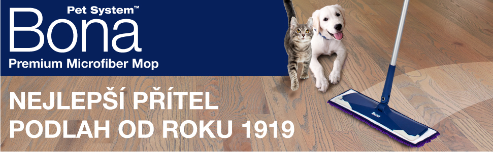 Image of Bona Pet System Premium Microfiber Mop. Floor's best friend since 1919. Image of cat and dog on wood floor