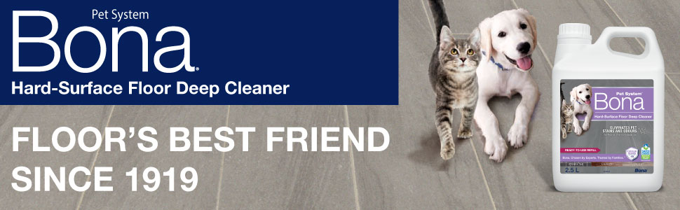 Bona Pet System Hard Surface Floor Deep Cleaner. Floor's best friend since 1919. Image of cat and dog on tile floor