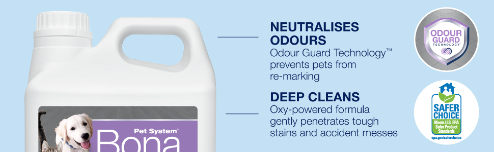 Image of Bona Pet System Hard Surface Floor Deep Cleaner. Neutralises odours with Odour Guard Technology to prevent pets frrom re-marking. Deep cleans to penetrate tough stains and accident messes