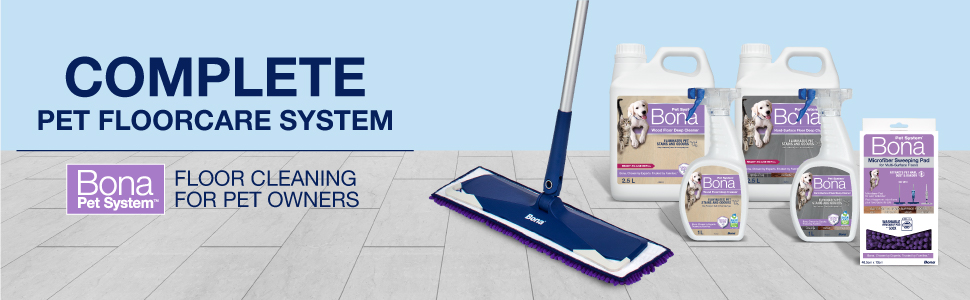 Image of Bona Pet System family of floor cleaning products. Complete Floor Care System. Floor Cleaning for pet owners